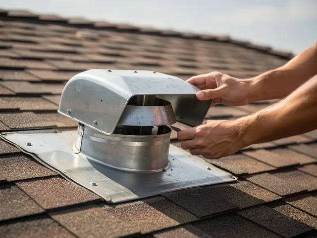 Westlake Dryer Vent Cleaning certified technician safely cleaning a roof-mounted dryer vent in Westlake