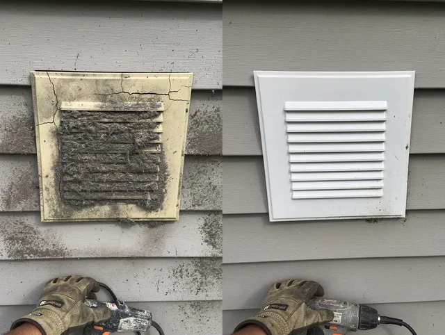 Westlake Dryer Vent Cleaning technician installing high-quality dryer vent cover at a residential property in Westlake