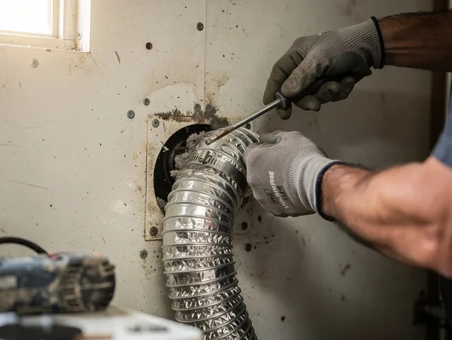 Westlake Dryer Vent Cleaning technician performing precise dryer vent hose installation in Westlake